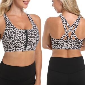 Betaven Leopard Print Front Zip Removable Padding Sports Bra, Sz L